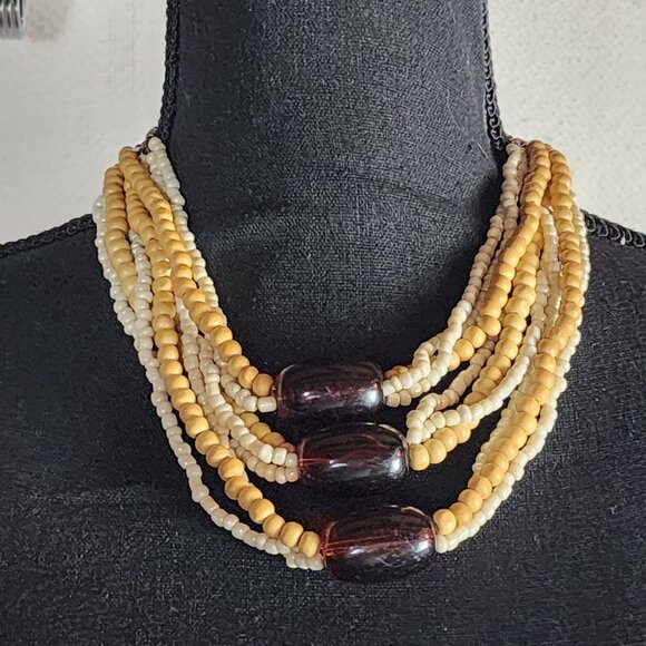 Express Wood Poly Brown Root Beer Tan Pearlescent White Bead 17" Choker Necklace - Picture 16 of 16